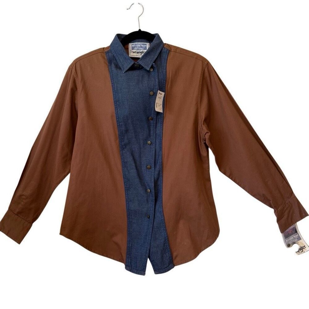 Vintage Wrangler Brown & Denim Blue Western Wear Blouse Sz L, Southwest, Country